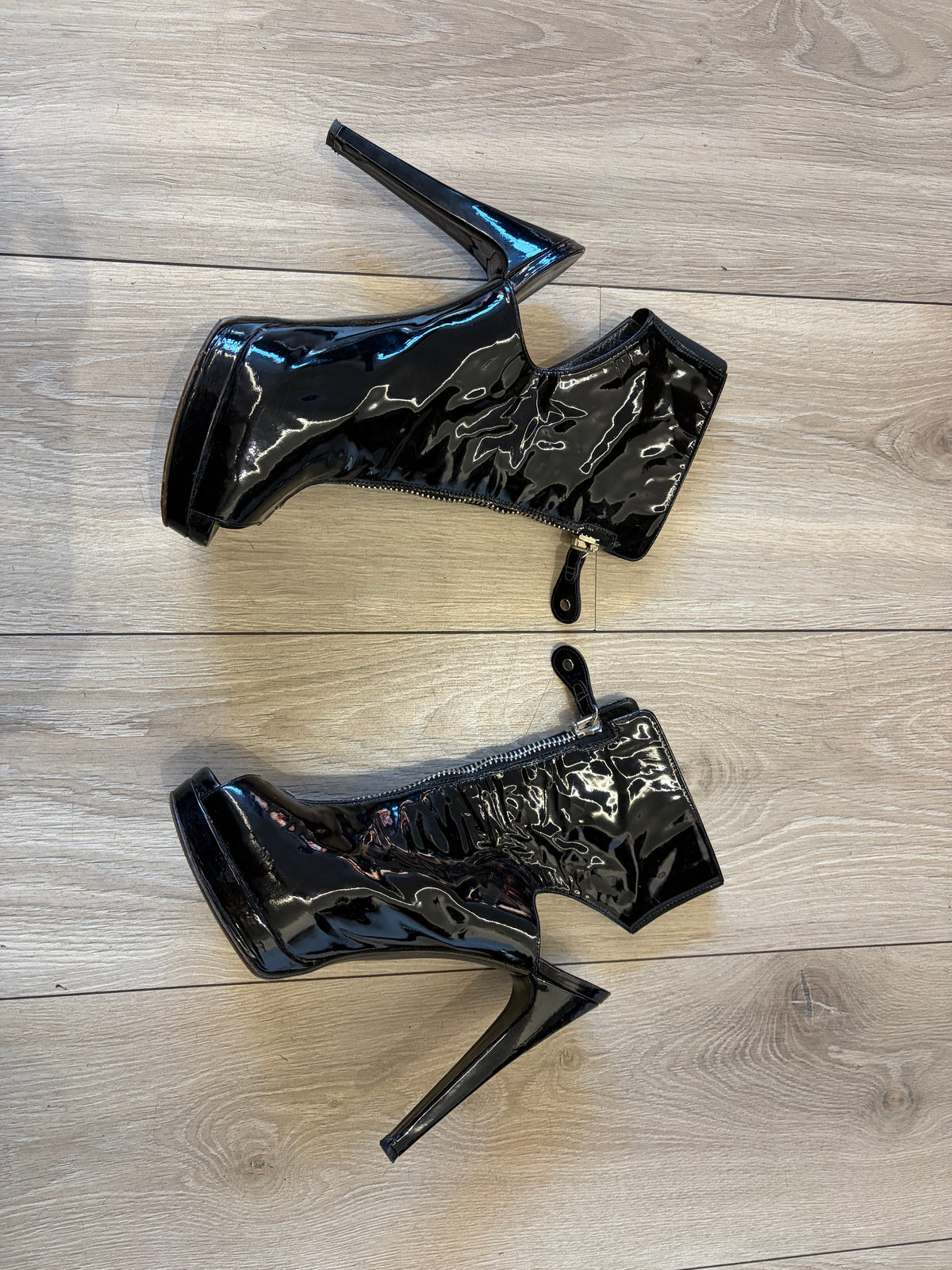 Stuart Weitzman Black Patent Peep-Toe Ankle Boots #13632