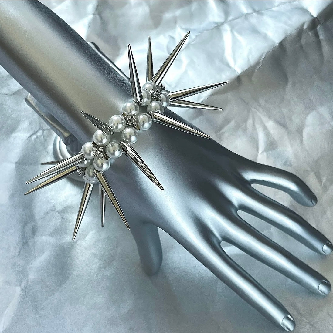 Heavy Romantic-rock Pearl long spikes bracelet 666999 #6905