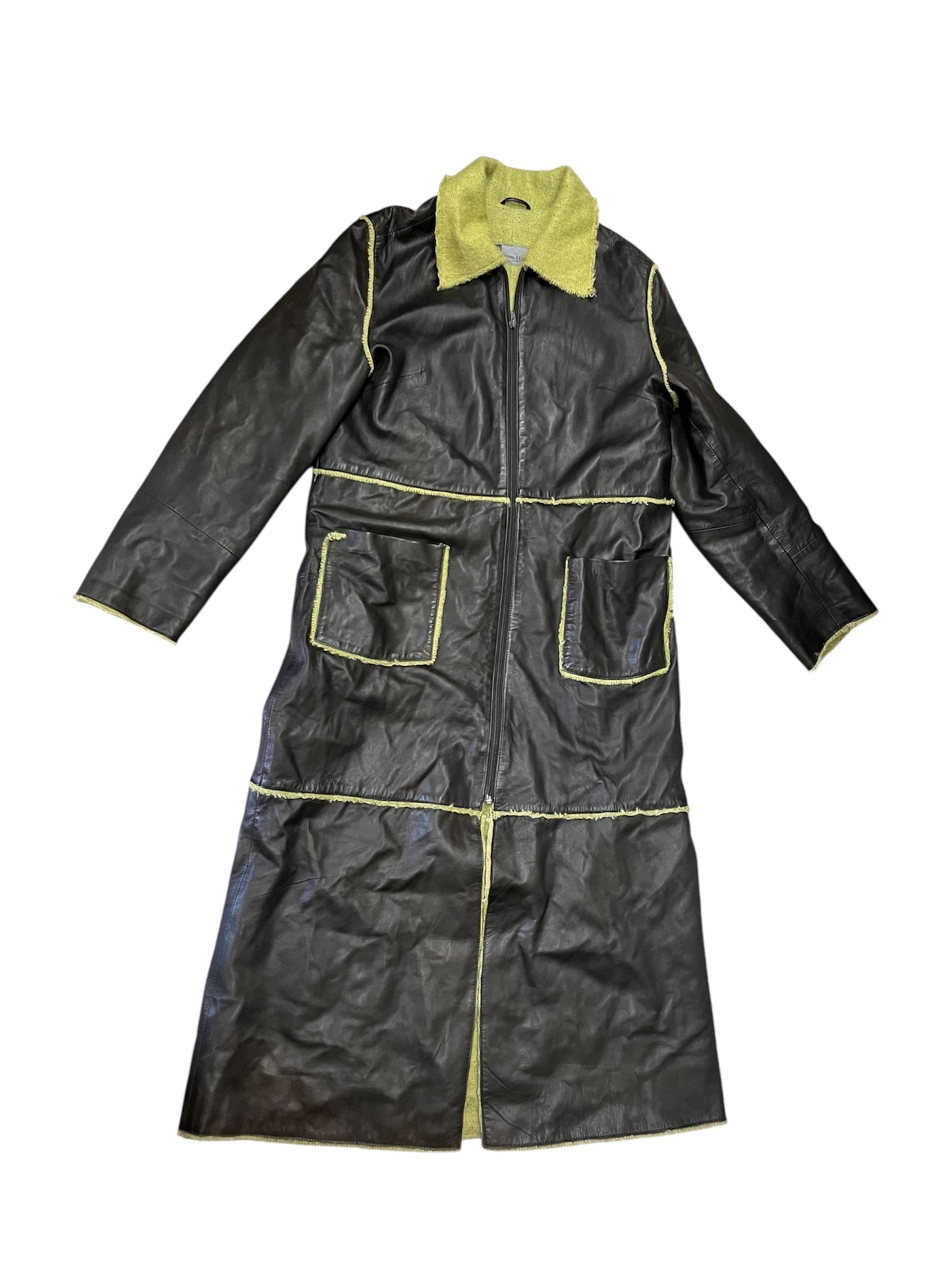 Y2K Leather Coat with Chartreuse Mohair Trim #11842