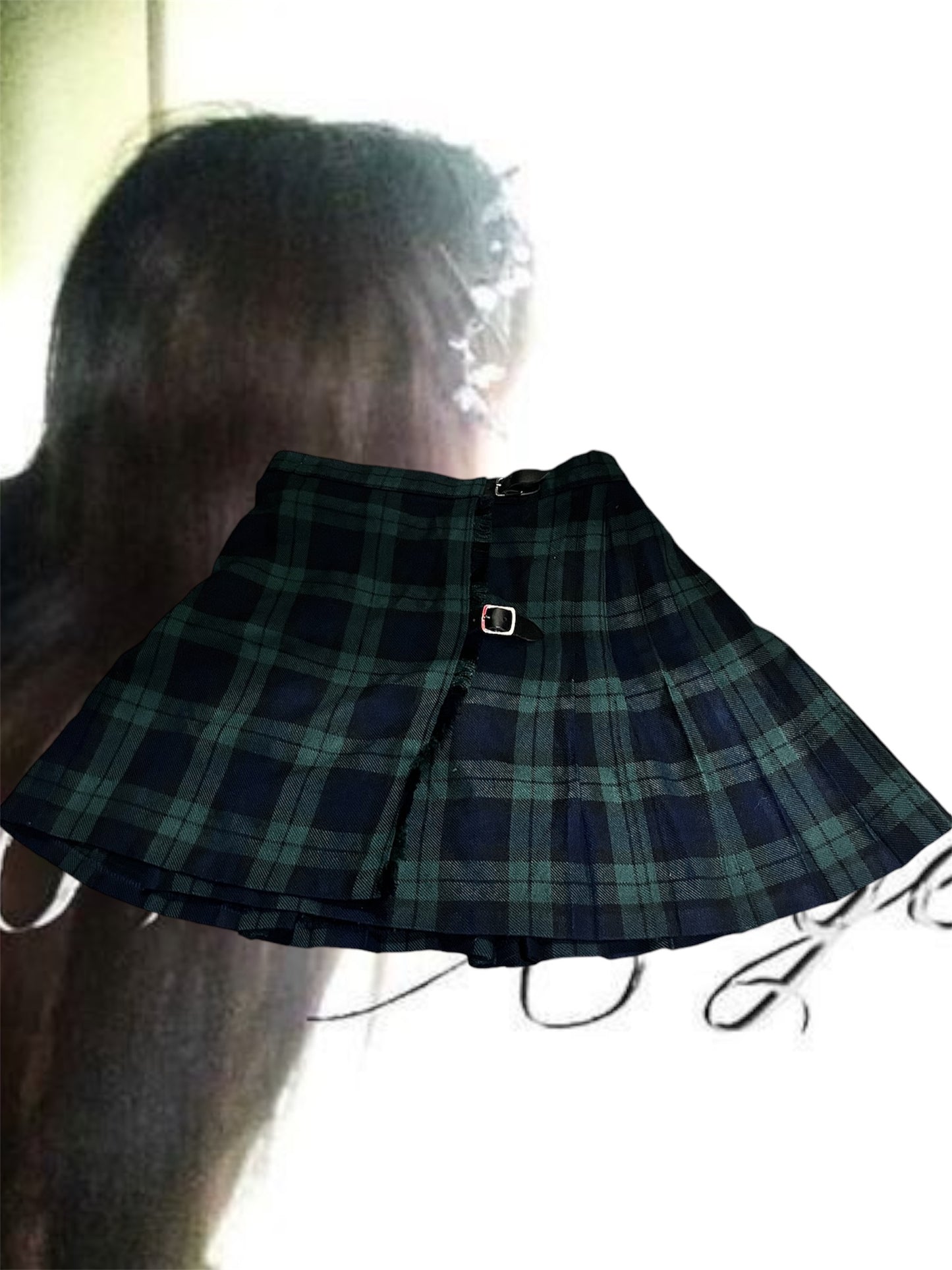 #6058 Green Plaid Skirt with Buckle Accent