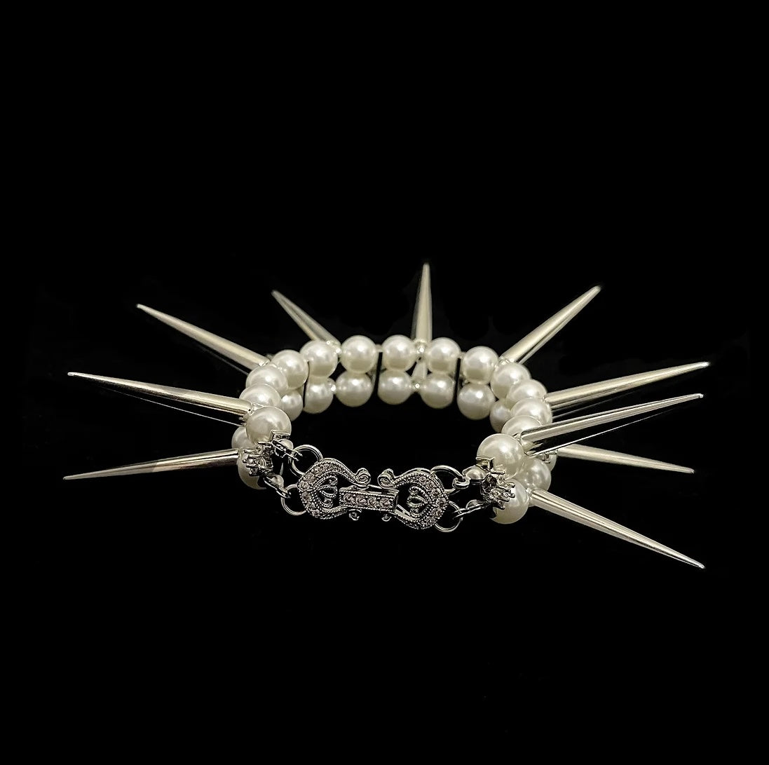 Heavy Romantic-rock Pearl long spikes bracelet 666999 #6905