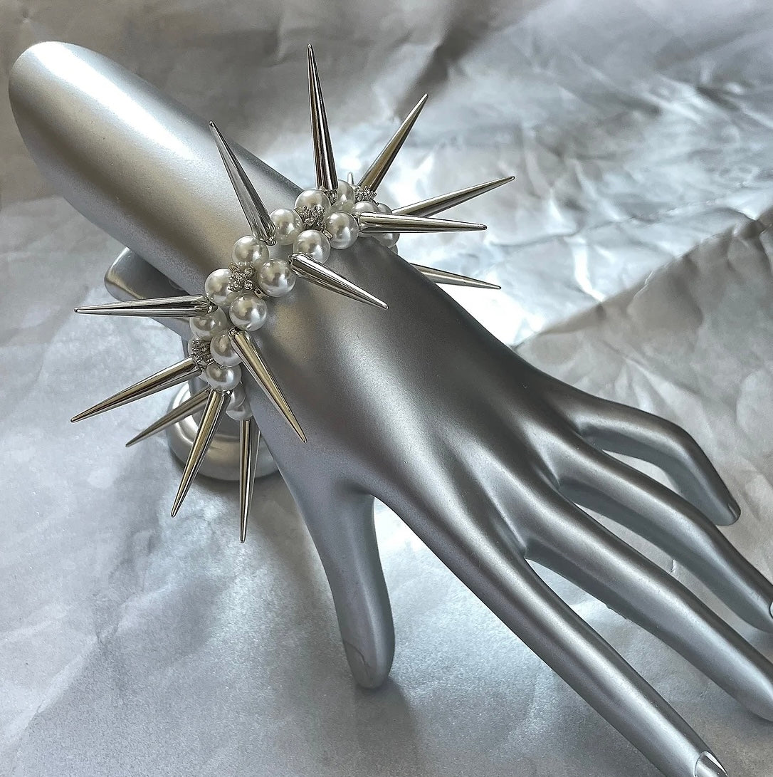 Heavy Romantic-rock Pearl long spikes bracelet 666999 #6905