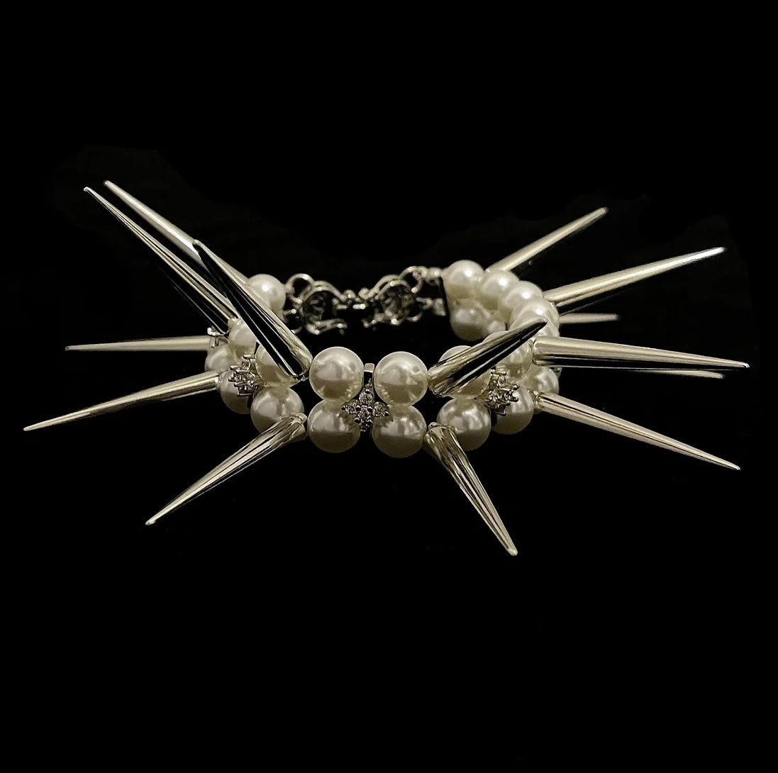 Heavy Romantic-rock Pearl long spikes bracelet 666999 #6905