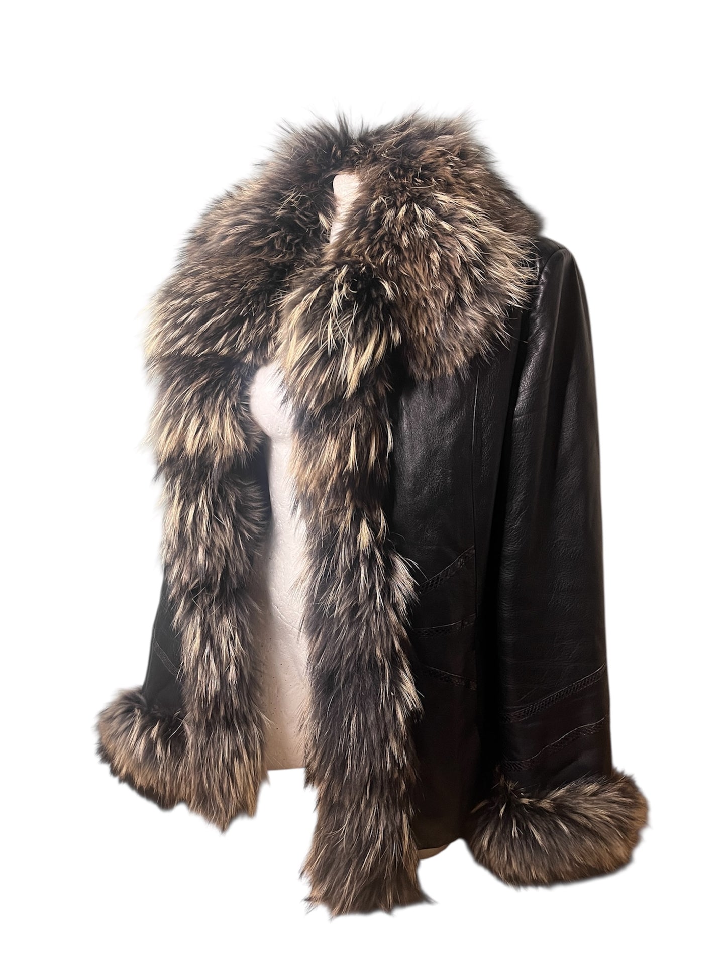Dark Brown Leather Jacket with Oversized Fur Trim #11615
