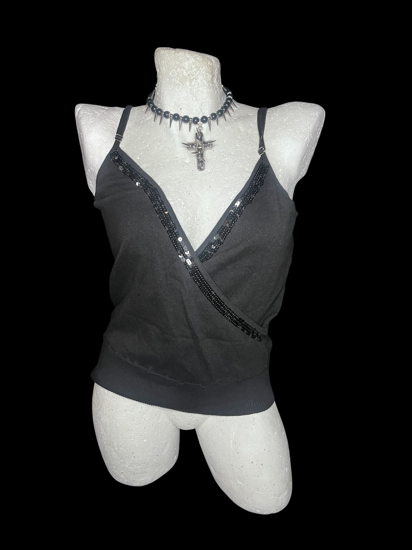 Y2K Black Sequin Trim Cami Top #9743