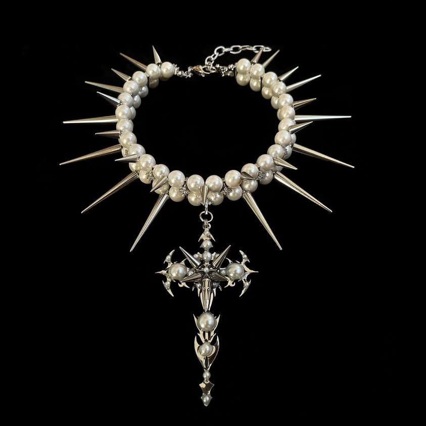 Gothic Passion Crucifix pearl choker 666999 #9928