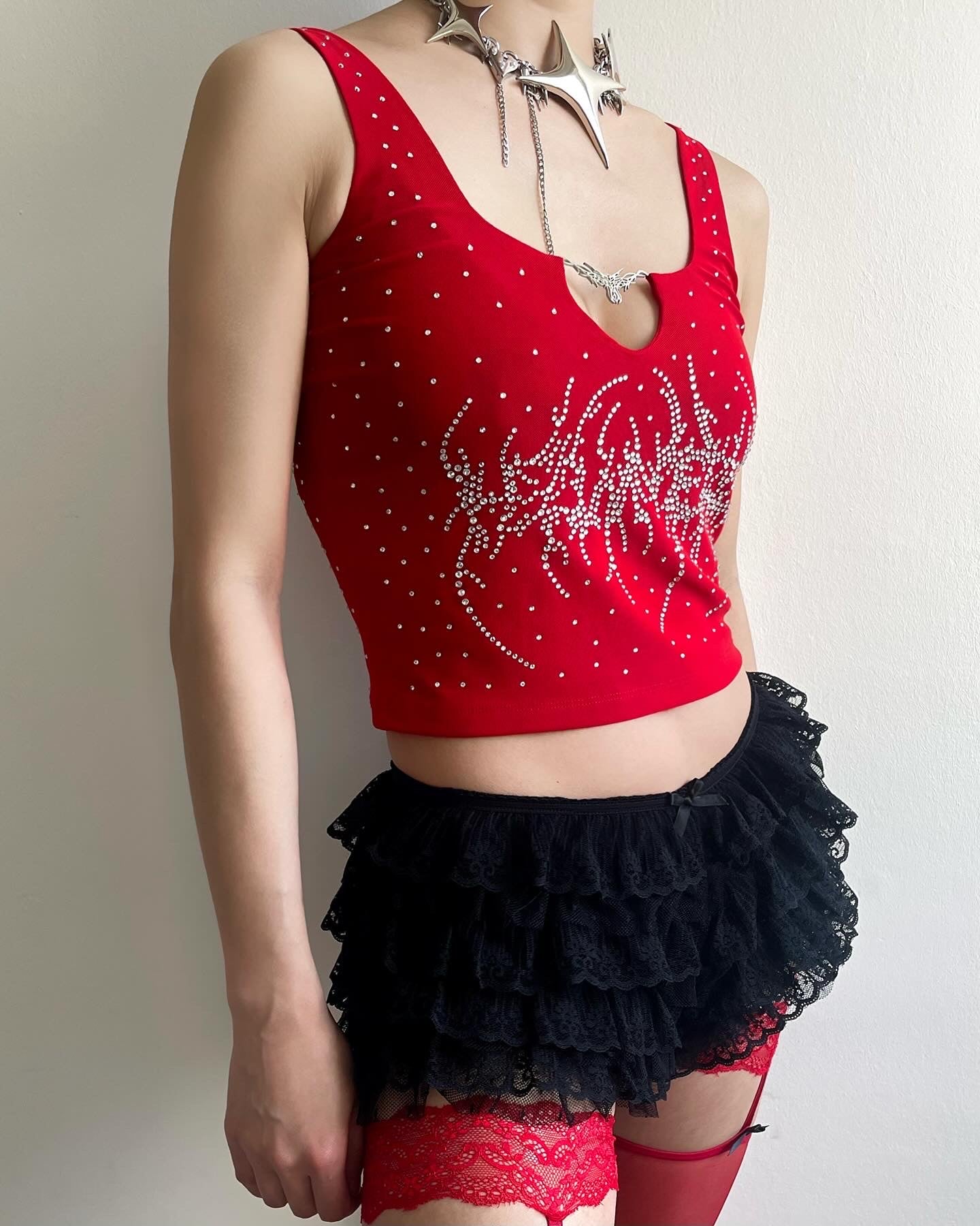 HEAVY METAL- metal logo Shining red Squared neck Top #5009