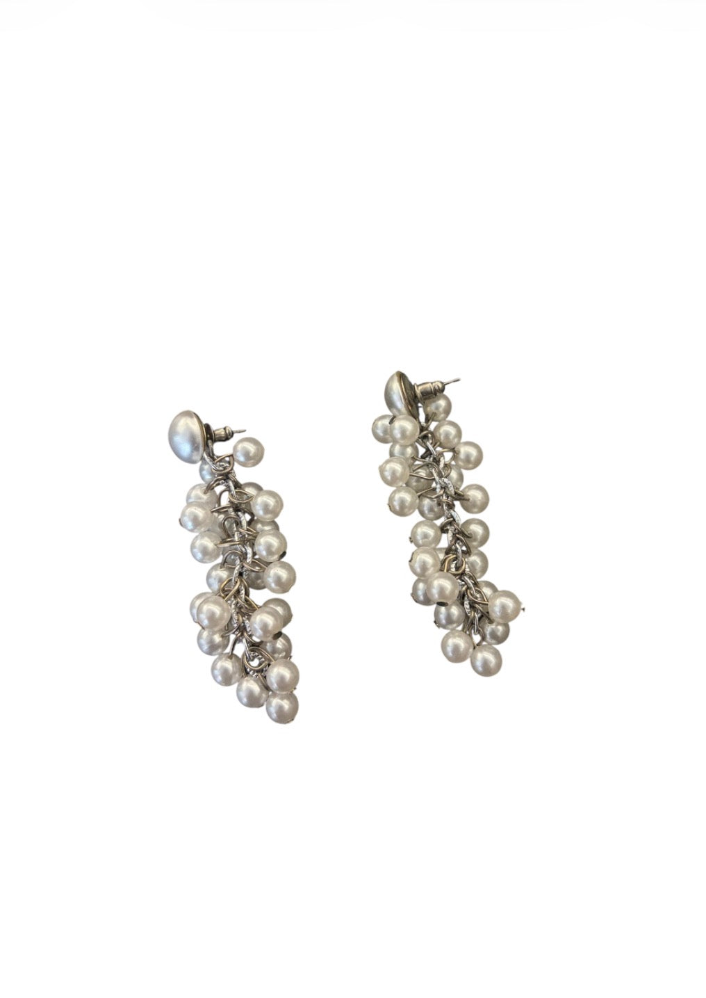 Silver-tone drop earrings with clusters of cream pearl-like beads