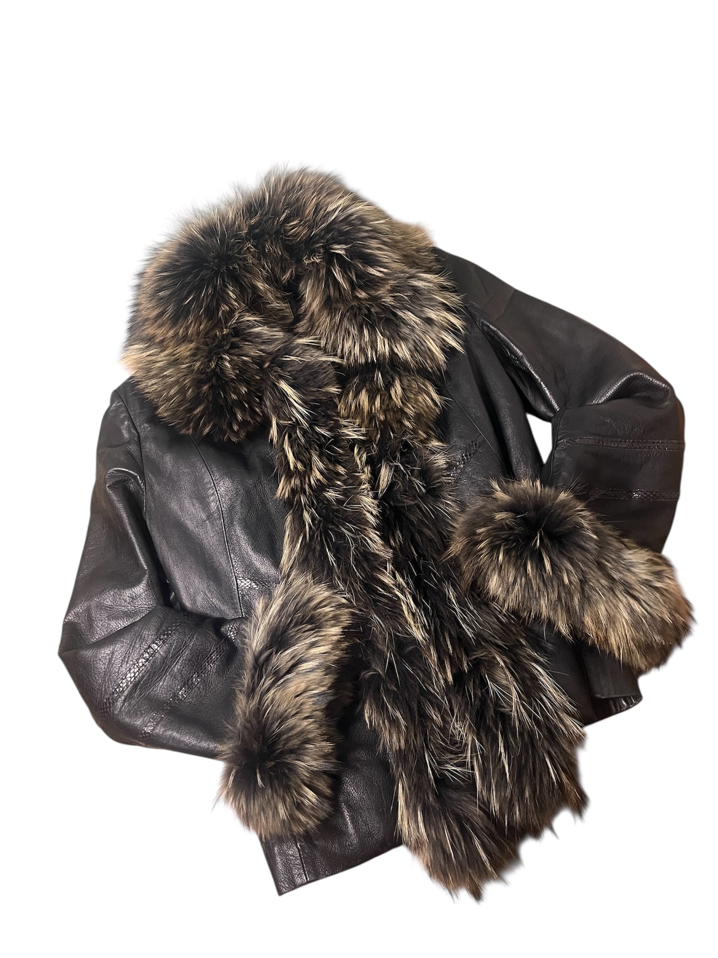 Dark Brown Leather Jacket with Oversized Fur Trim #11615