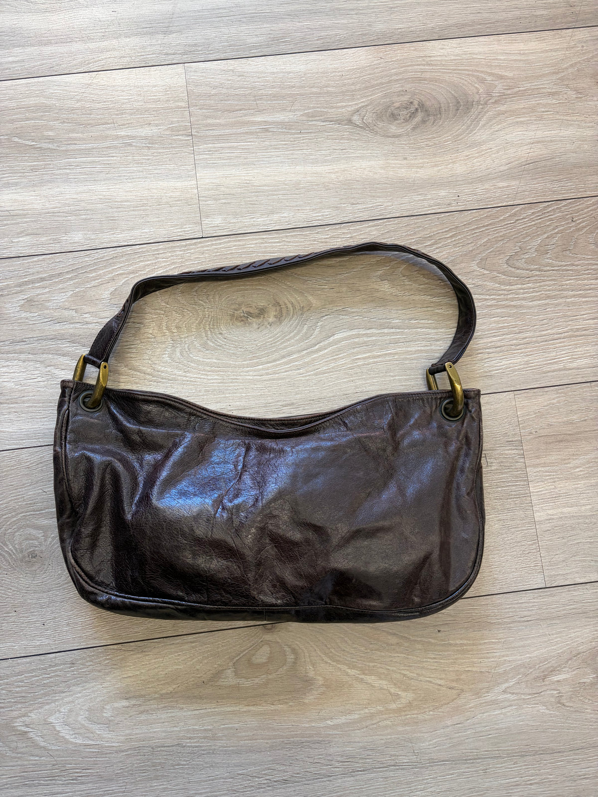 Dark Brown Shoulder Bag with Brass Hardware #13627