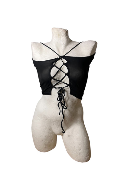 Black Off-Shoulder Lace-Up Back Crop Top #11601