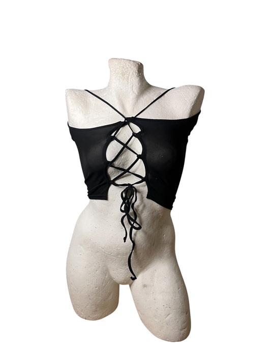 Black Off-Shoulder Lace-Up Back Crop Top #11601