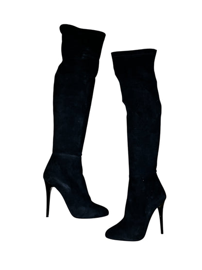Jimmy Choo Black Suede Knee-High Stiletto Boots – Size 38.5 #9624