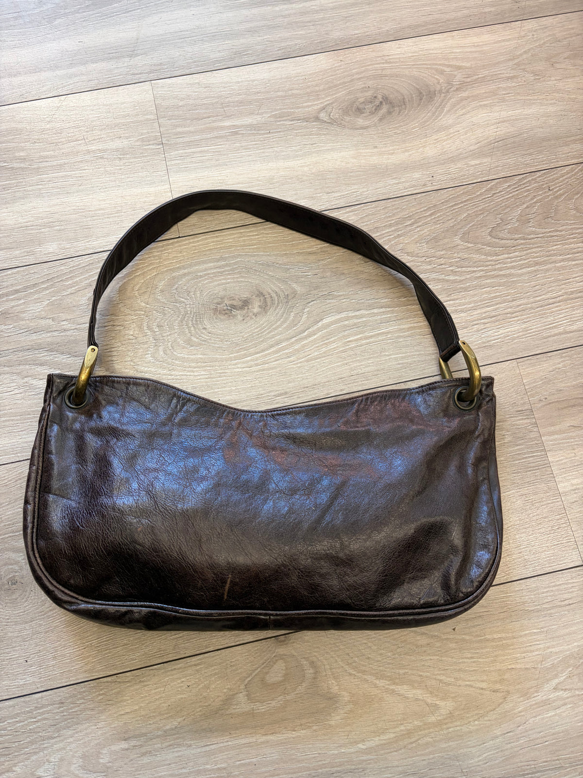 Dark Brown Shoulder Bag with Brass Hardware #13627