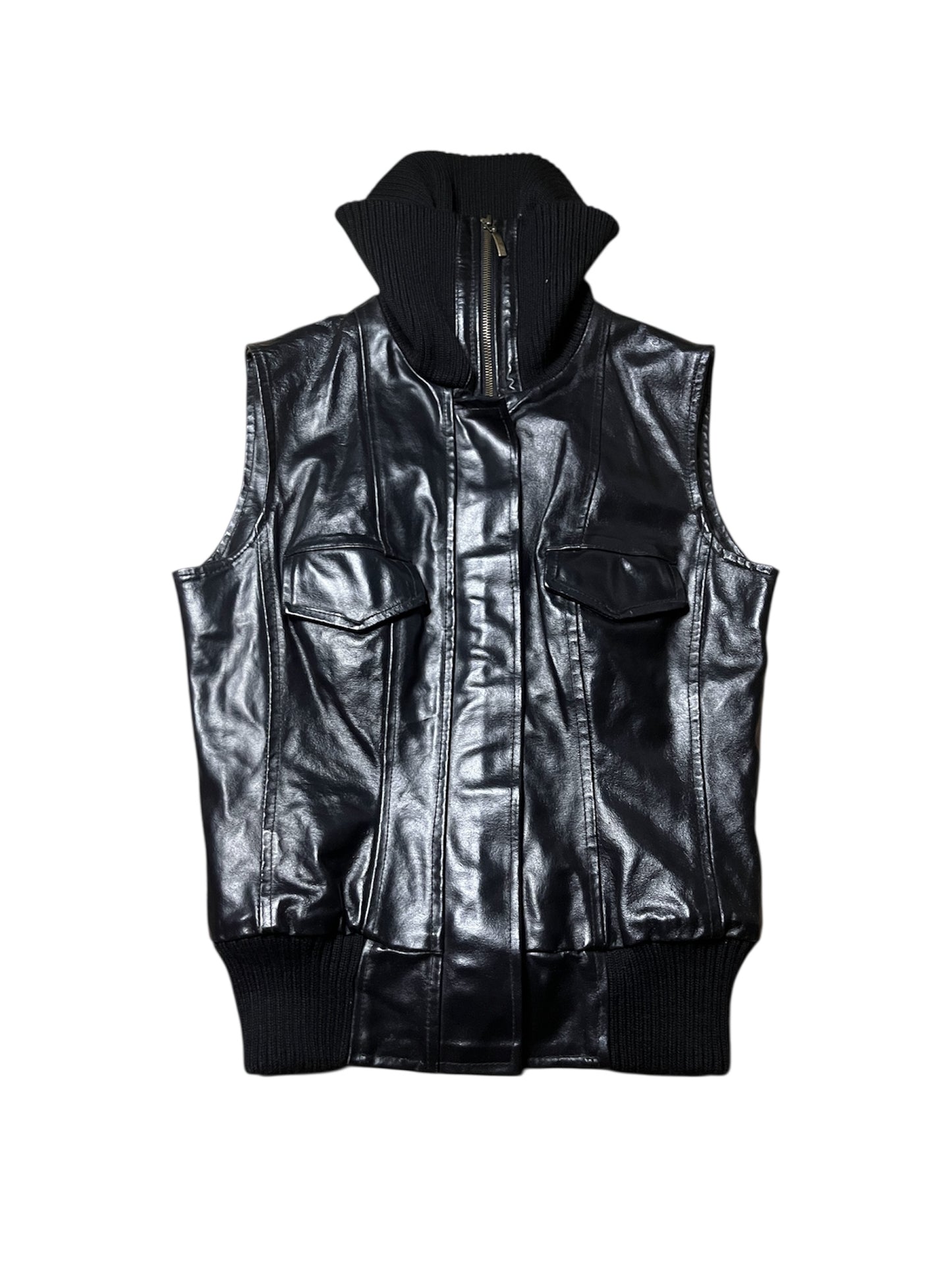 Black Leather High Neck Vest #12030