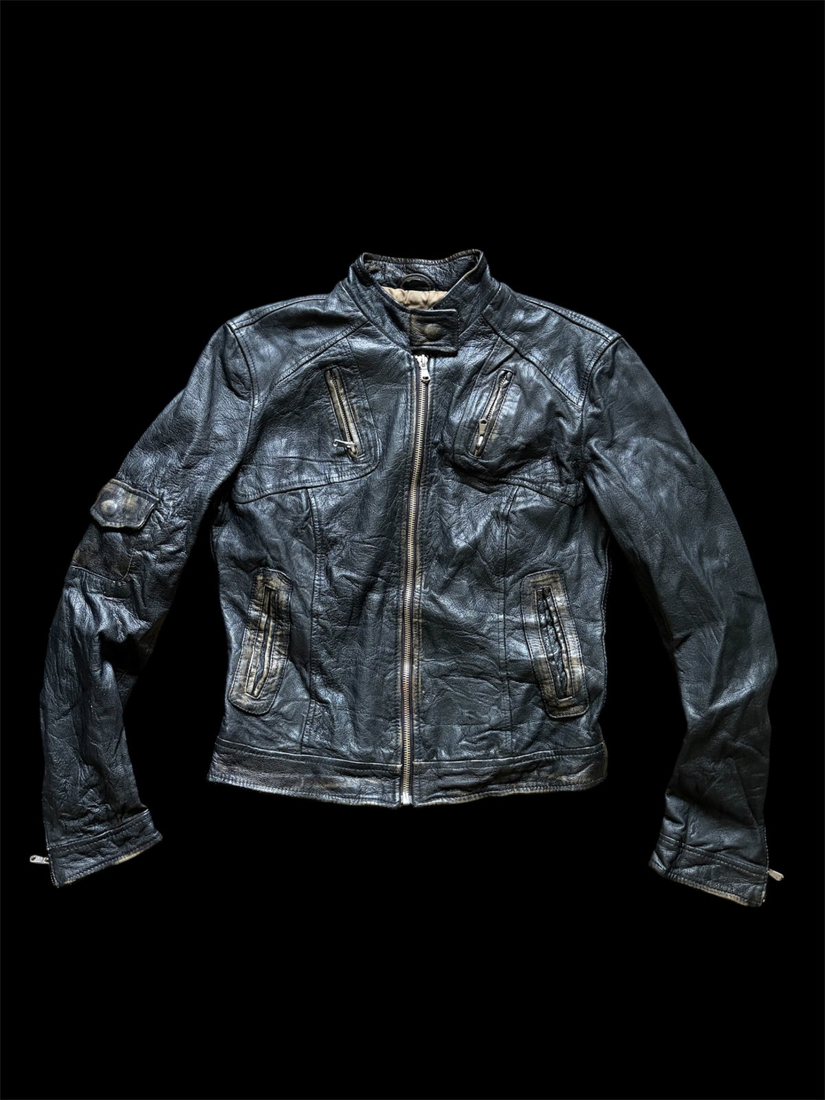 Souvenir Clubbing Distressed Black Leather Moto Jacket #13549