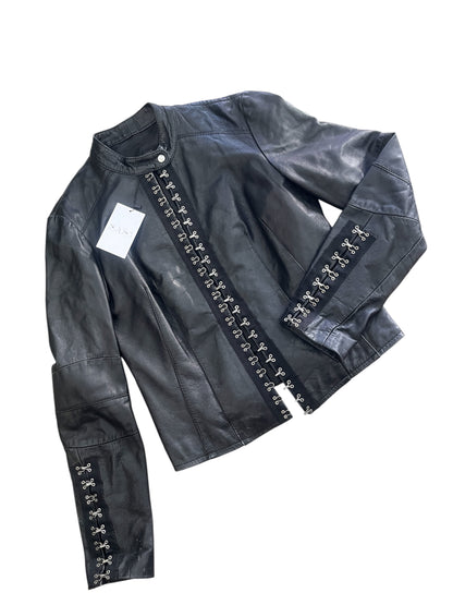Black Leather Hook Closure Jacket #12417