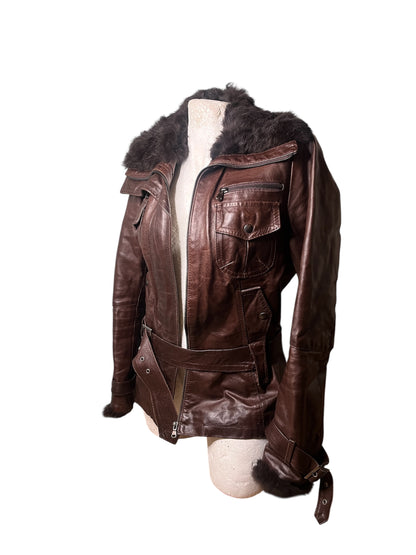 Italian Vera Pelle Belted Leather Aviator Jacket – Dark Brown #11613