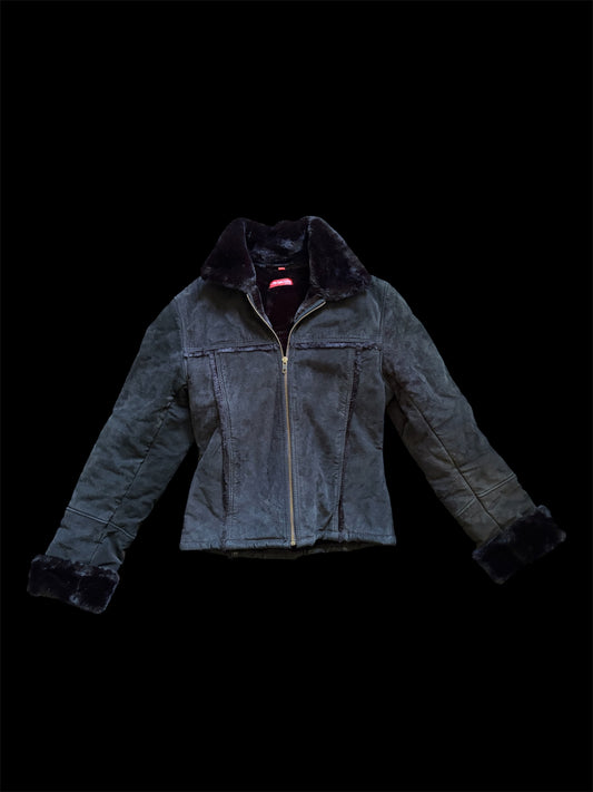 Black Suede Jacket with Faux Fur Trim #13537