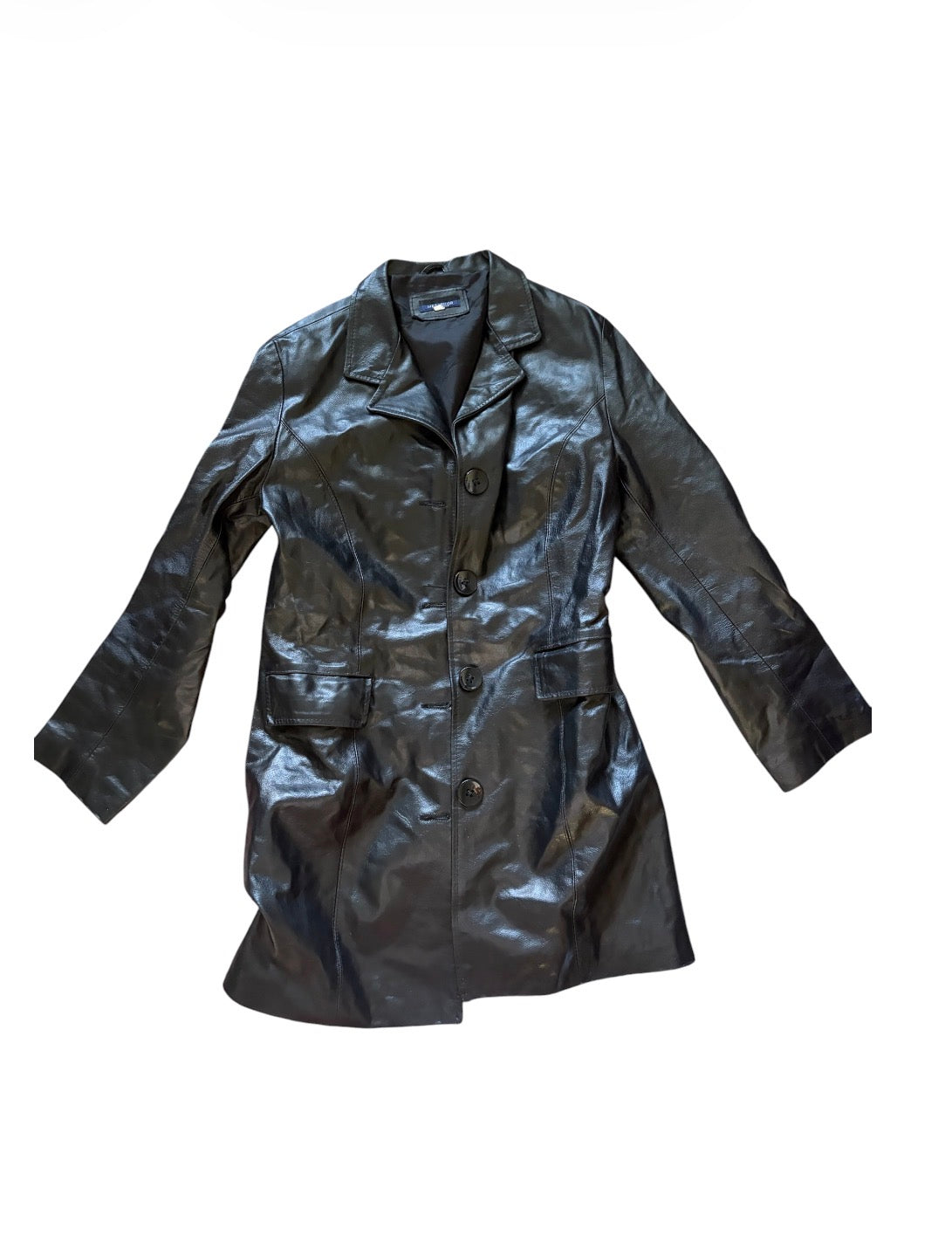 Black Fitted Leather Coat with Button Front #13596