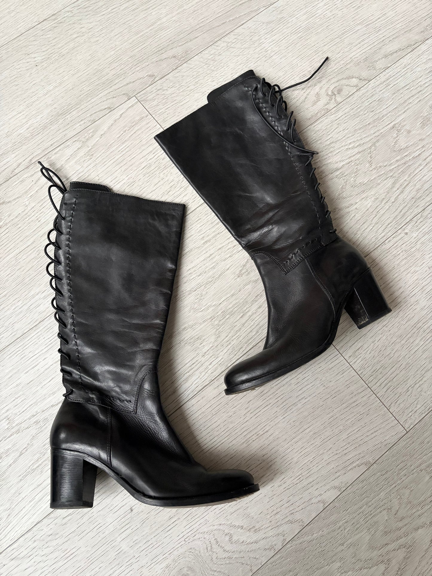 Lace-Up Leather Knee-High Boots #13183