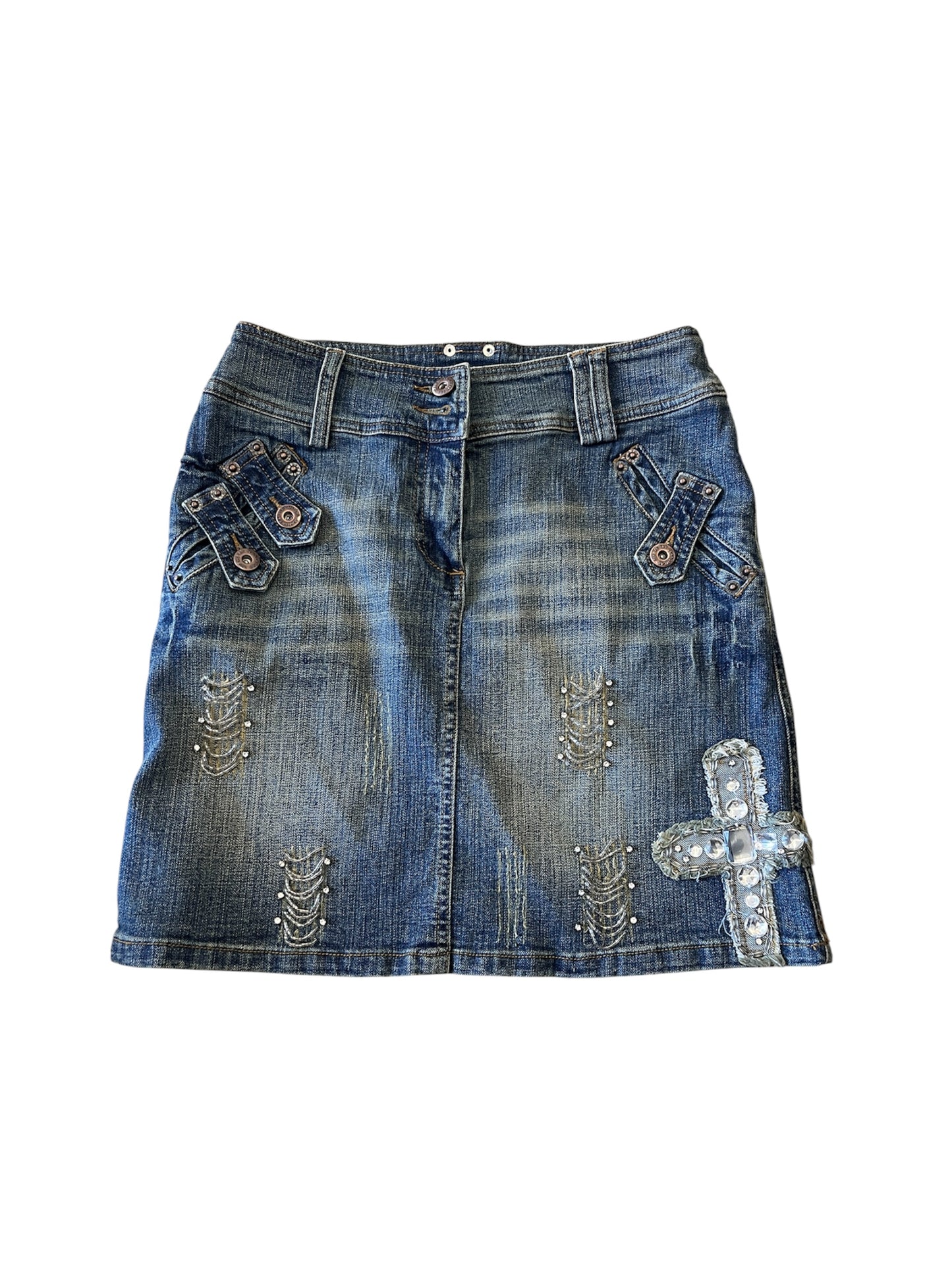 Rhinestone Cross Denim Mini Skirt #12768