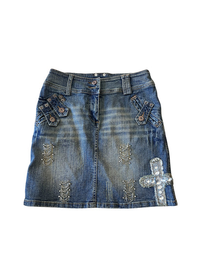 Rhinestone Cross Denim Mini Skirt #12768