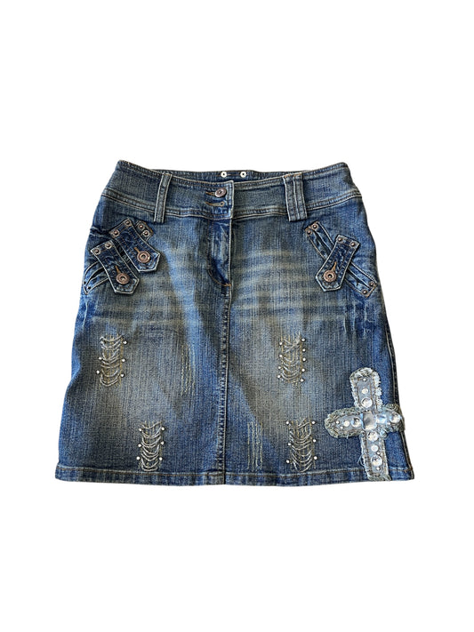 Rhinestone Cross Denim Mini Skirt #12768