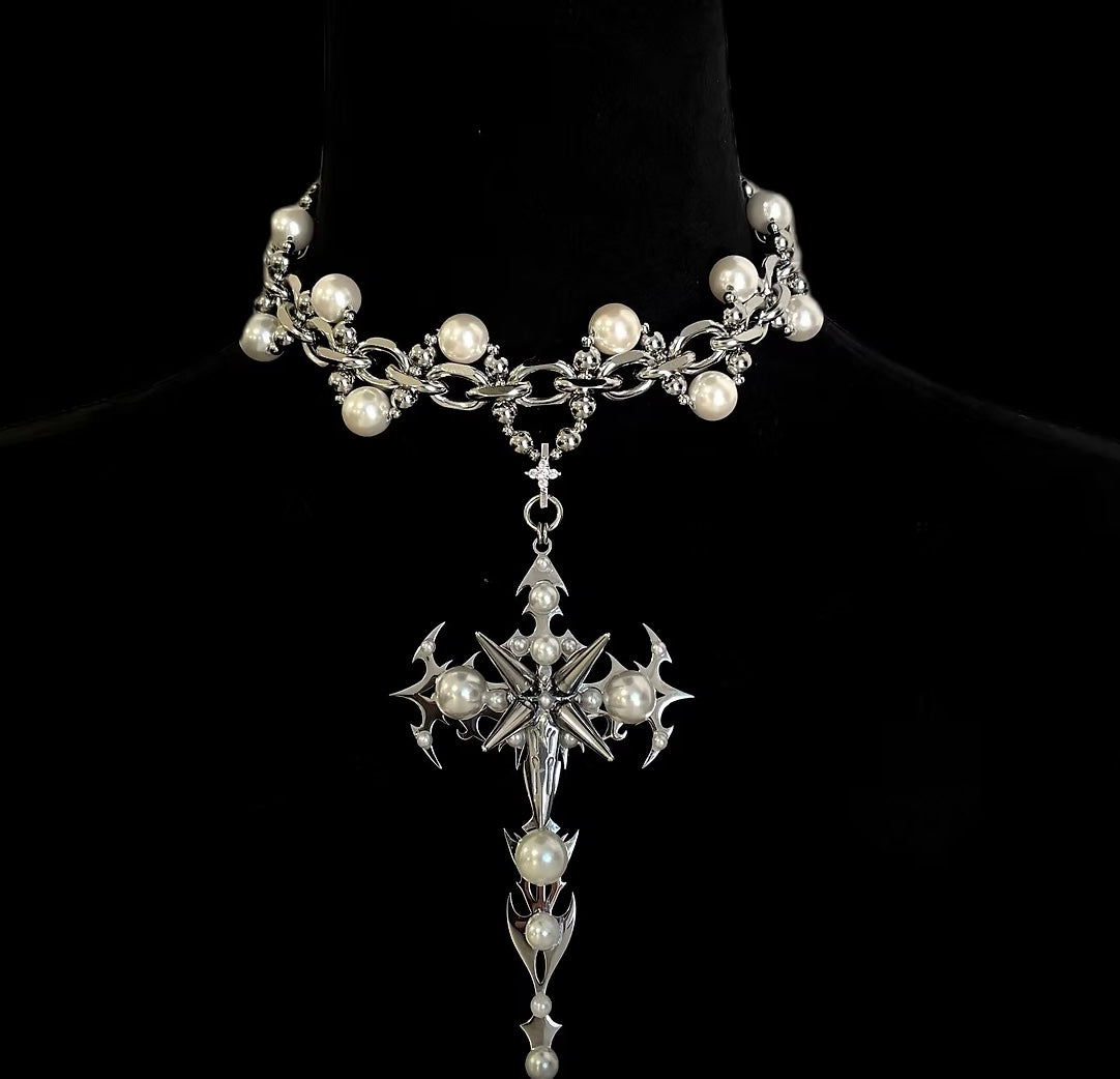 Iron Madonna pearls pendant necklace 666999 #8687