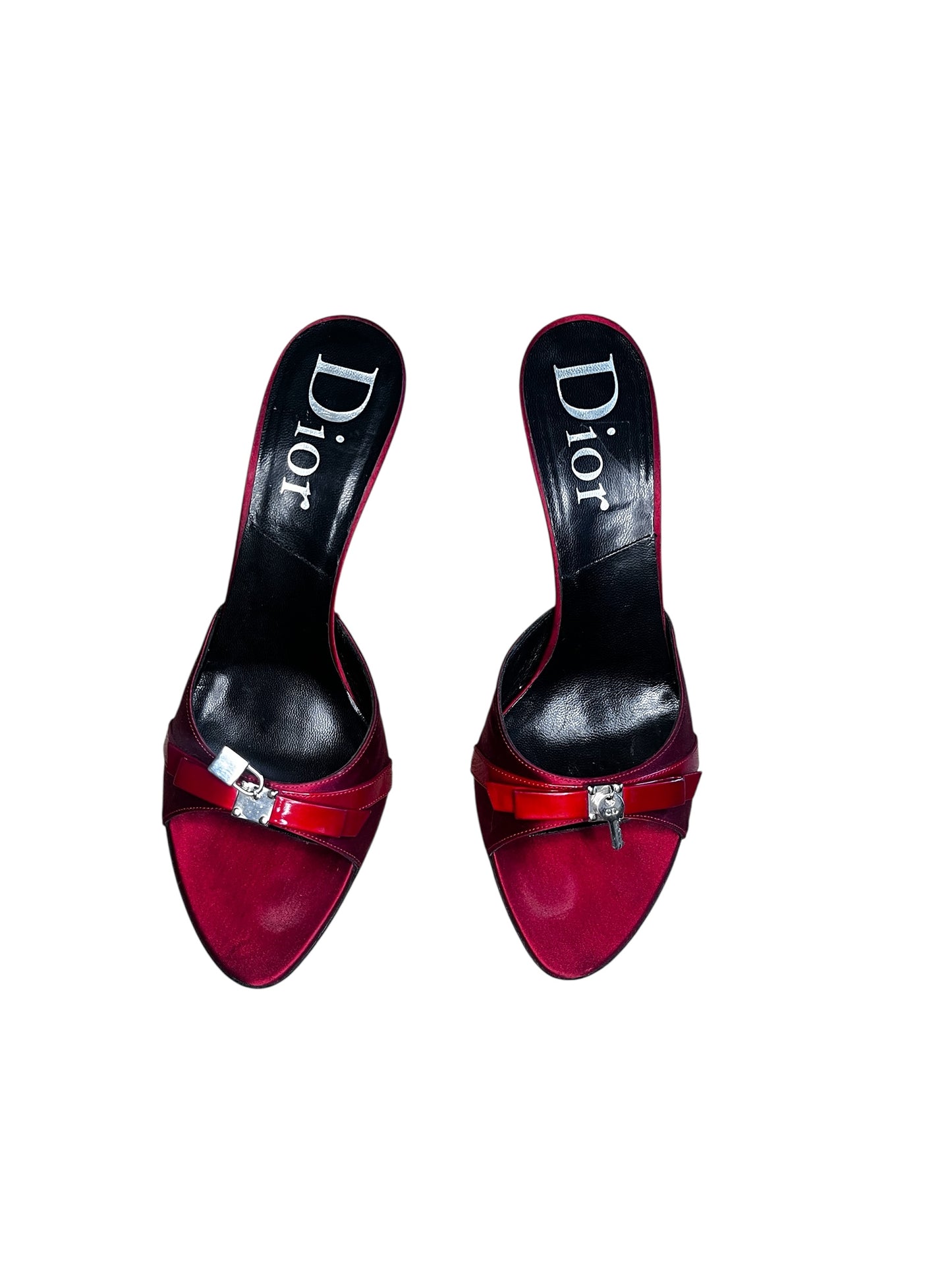 Christian Dior Red Satin Mule Heels with Lock Detail – Size 38.5 #9615