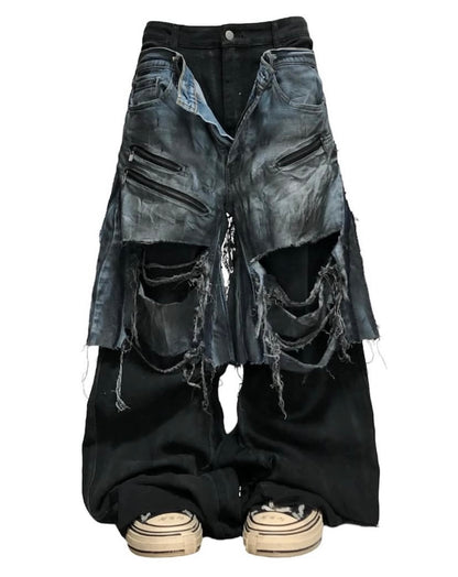 MM.Option layered damage black denim pants #7598
