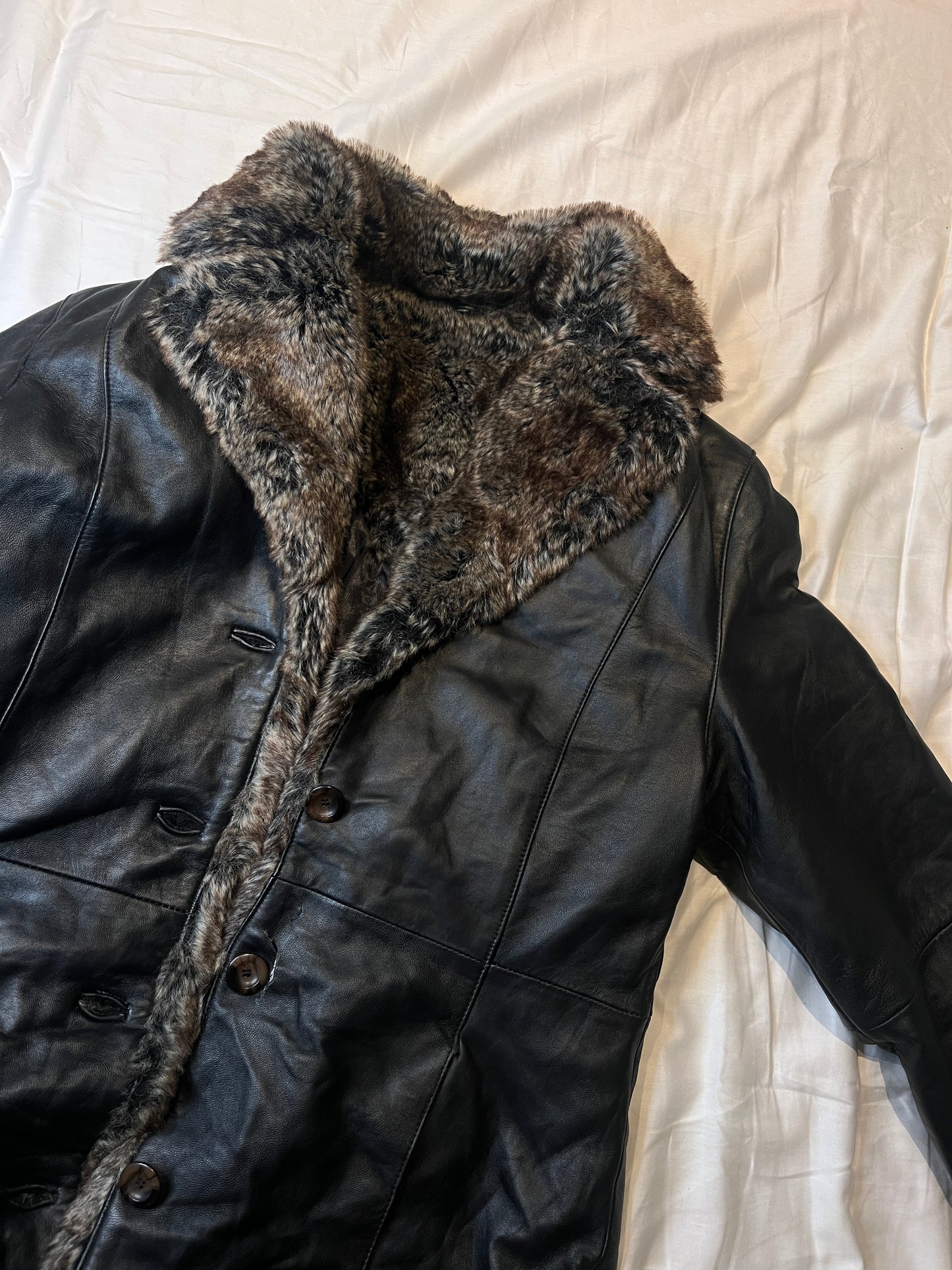 Leather Coat with Faux Fur Collar #11306
