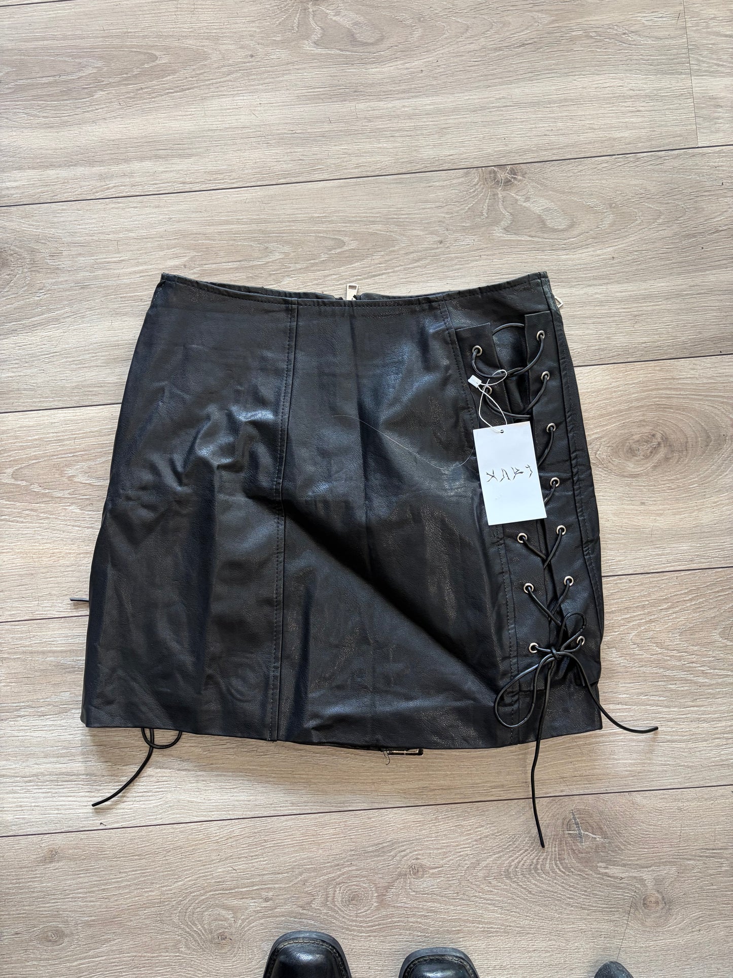 Black Faux Leather Lace-Up Biker Mini Skirt #11036