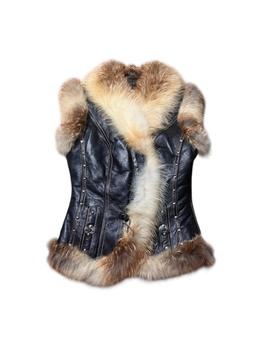 Black Leather Fur Vest — Statement Piece #12028