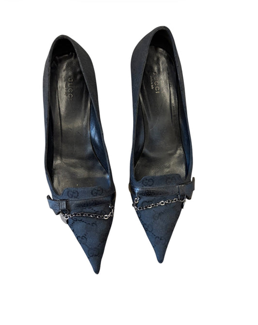 Gucci Black GG Canvas Chain Kitten Heel Pumps #12423