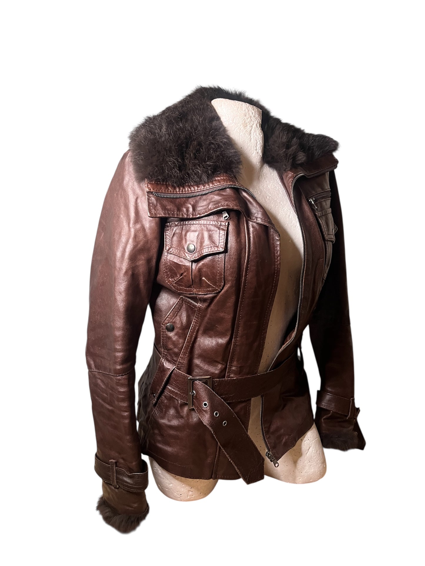 Italian Vera Pelle Belted Leather Aviator Jacket – Dark Brown #11613