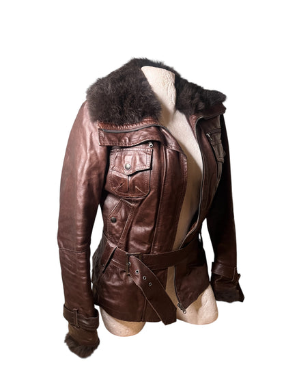 Italian Vera Pelle Belted Leather Aviator Jacket – Dark Brown #11613
