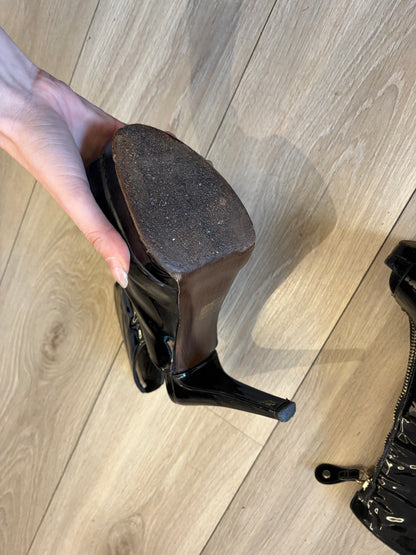 Stuart Weitzman Black Patent Peep-Toe Ankle Boots #13632