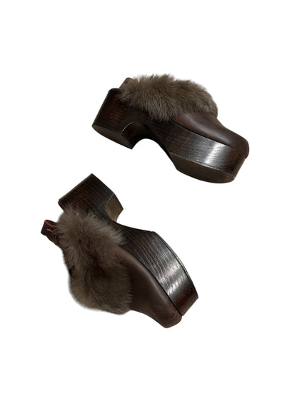 Arsea Brown Platform Clogs with Real Fur Trim #13576