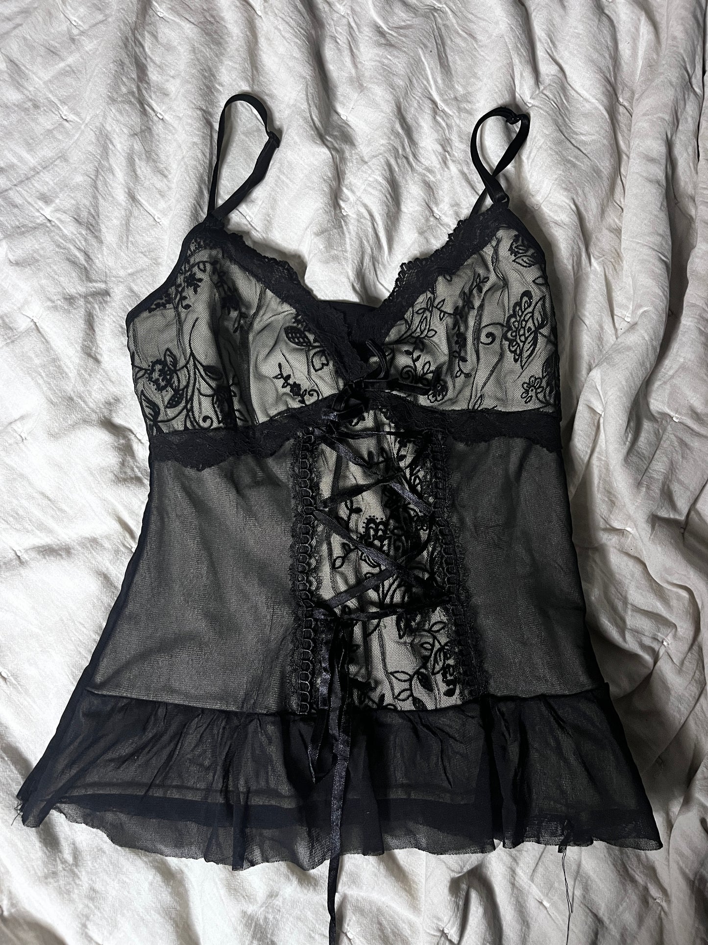 Y2K Lace Corset Mesh Top – Black #11093