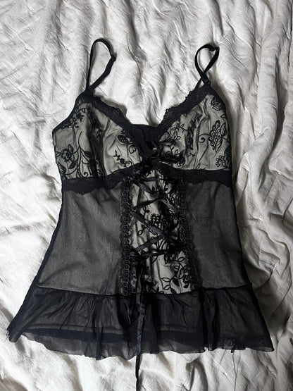 Y2K Lace Corset Mesh Top – Black #11093