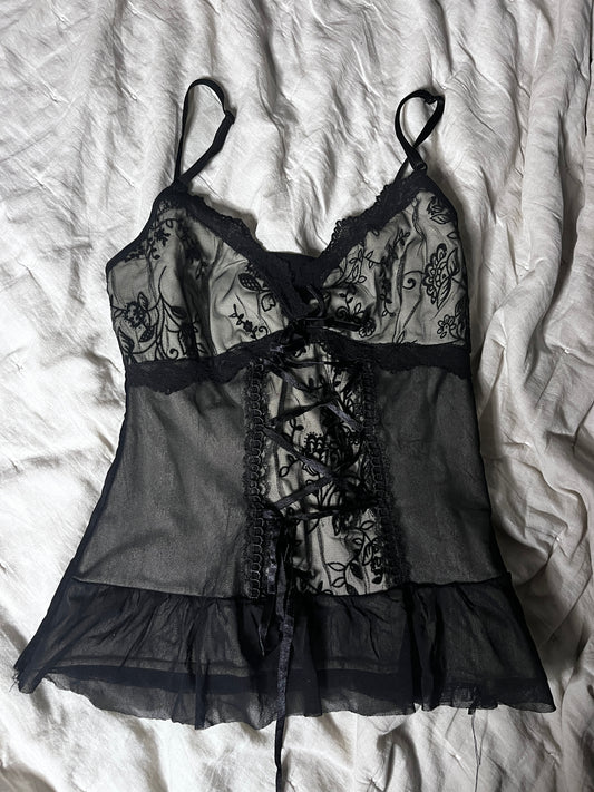 Y2K Lace Corset Mesh Top – Black #11093