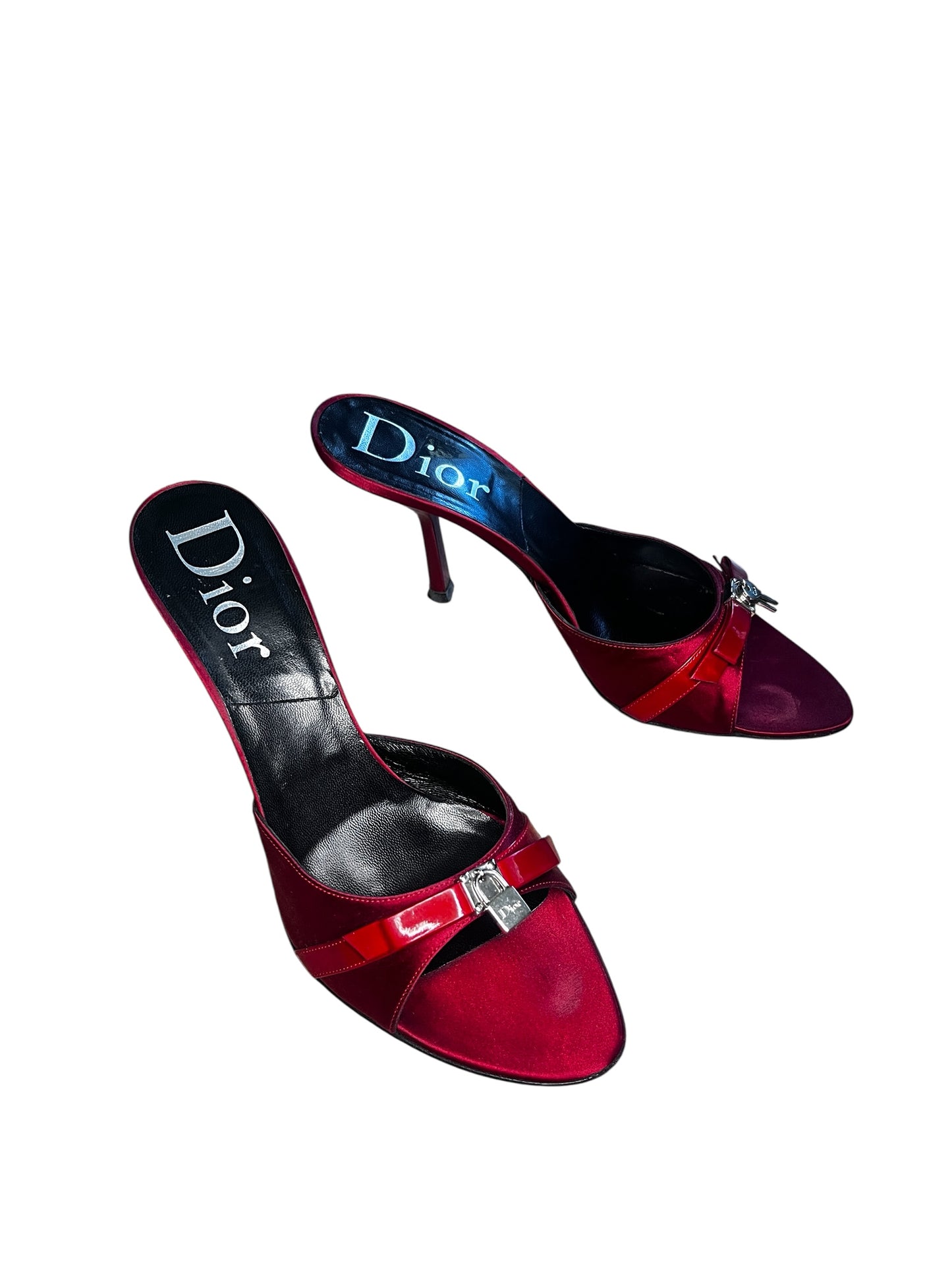 Christian Dior Red Satin Mule Heels with Lock Detail – Size 38.5 #9615