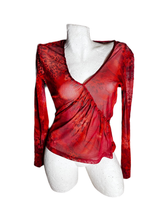 Red Animal Print Mesh Top #6946