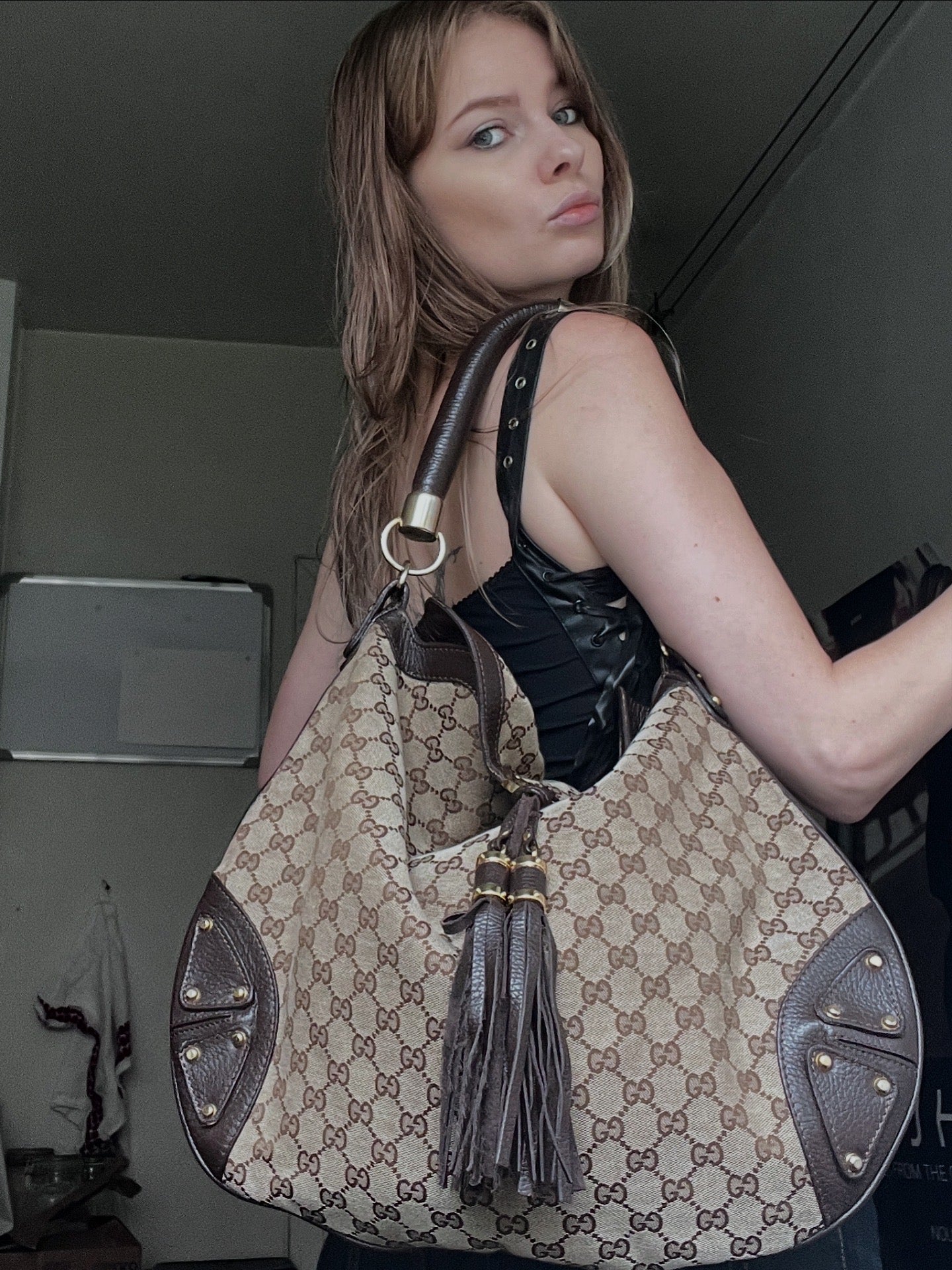 Gucci Medium Indy Top Handle Bag – GG Canvas & Black Leather #9250