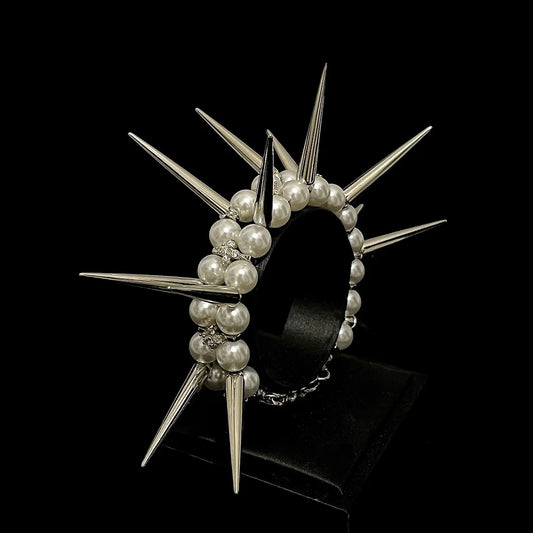 Heavy Romantic-rock Pearl long spikes bracelet 666999 #6905