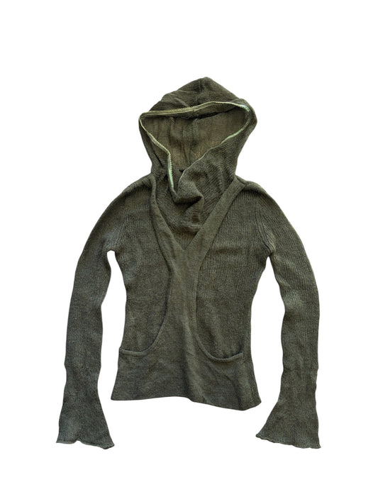 2000s Olive Green Mohair-Blend Hooded Sweater #13259