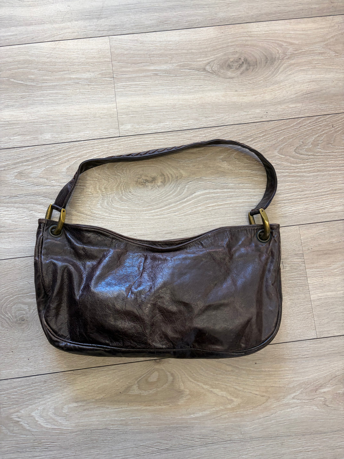 Dark Brown Shoulder Bag with Brass Hardware #13627