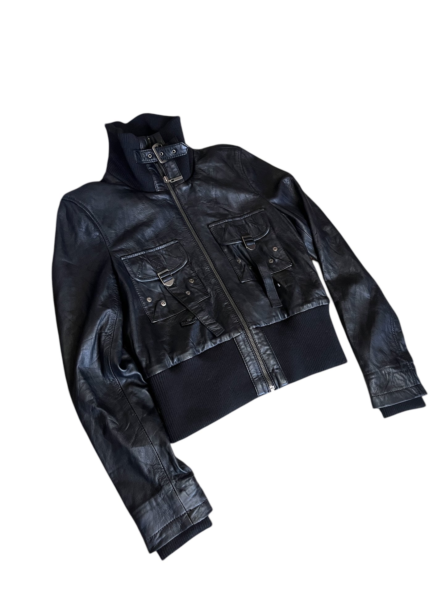 Cropped Black Leather Utility Jacket #12189