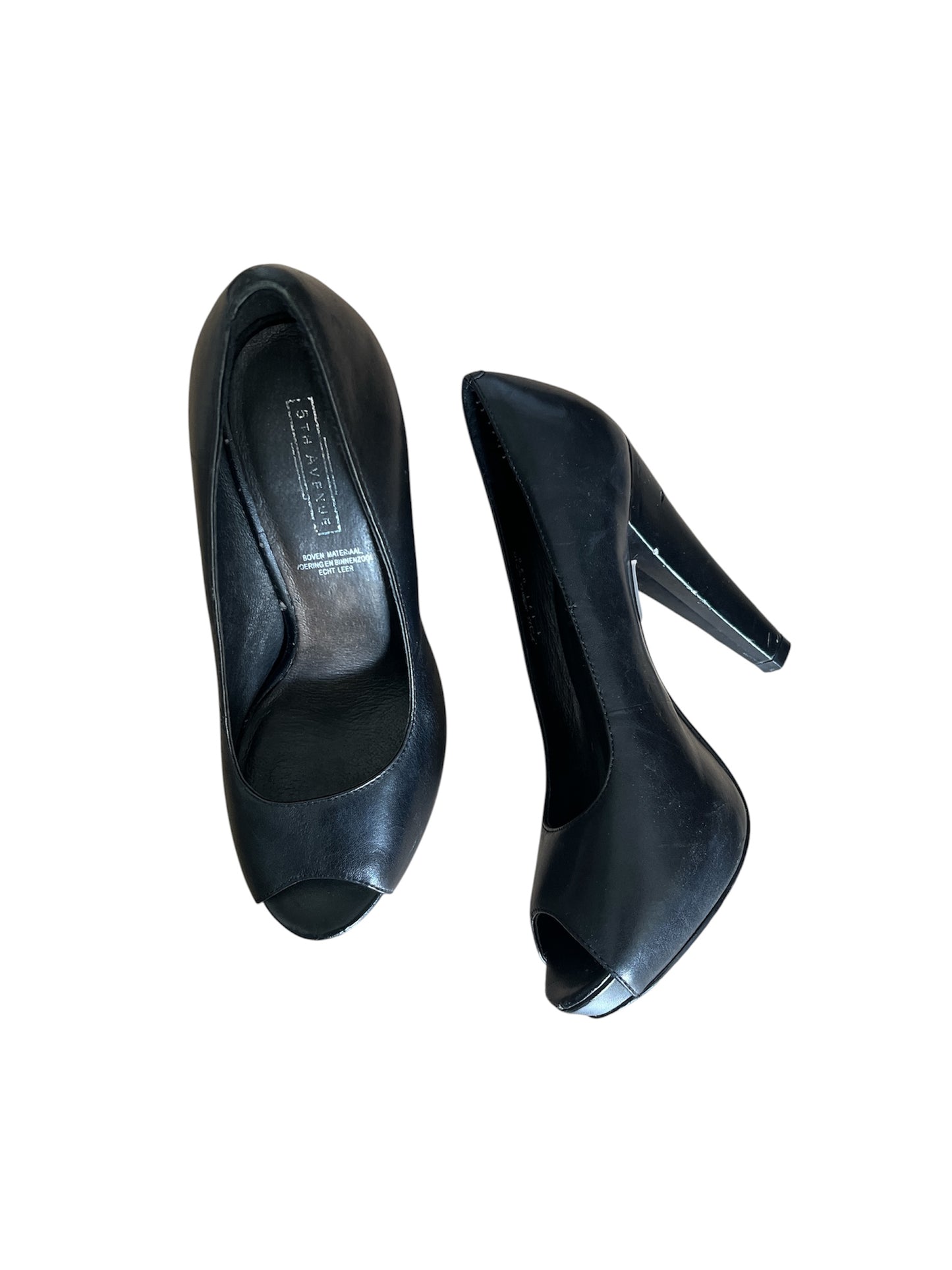 5th Avenue Black Leather Peep Toe Heels
